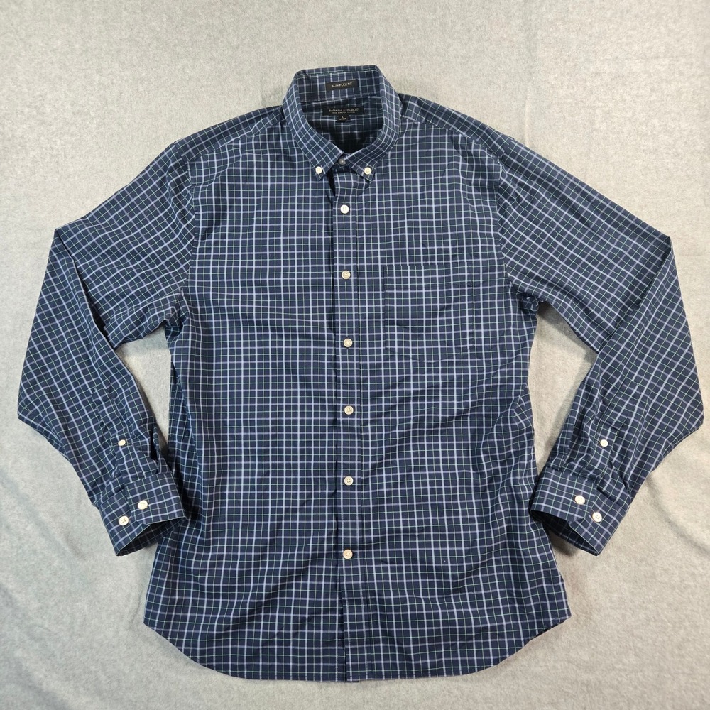 Banana Republic Mens L Slim Flex Fit Tech Stretch Cotton Navy Plaid Shirt 427632